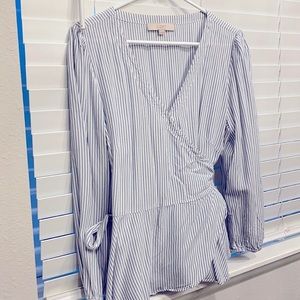 LOFT blue and white striped wrap around shirt, long sleeve